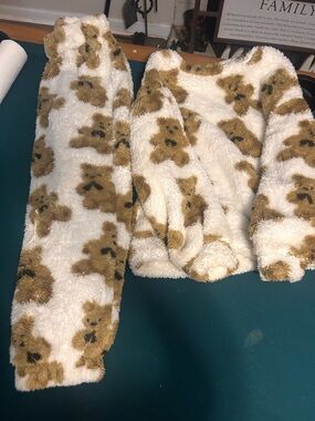 Cozy Teddy Print Plush Lounge Pantsuit - Cream & Brown